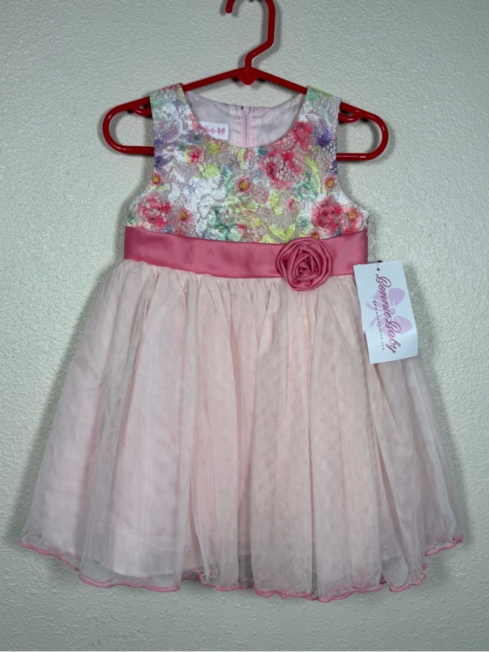 NWT Bonnie Jean Baby Floral Tulle Sleeveless Dress NO BLOOMER Lace Pink Zip 24M